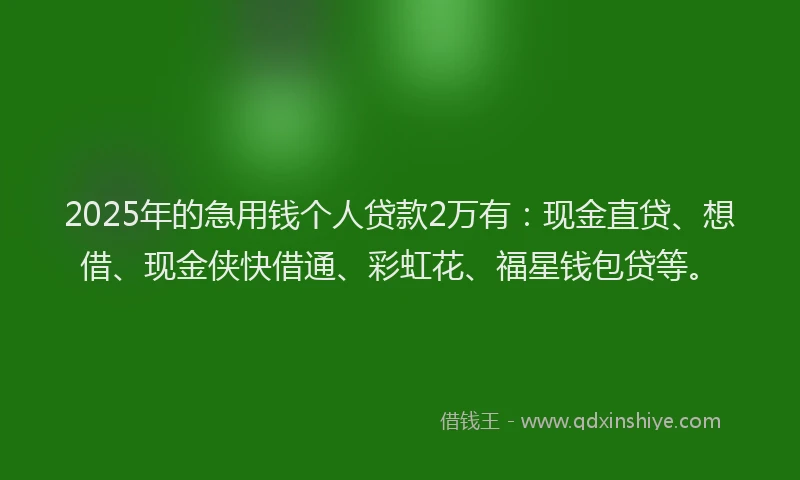 2025年的急用钱个人贷款2万有：现金直贷、想借、现金侠快借通、彩虹花、福星钱包贷等。