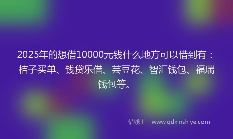 2025年的想借10000元钱什么地方可以借到有：桔子买单、钱贷乐借、芸豆花、智汇钱包、福瑞钱包等。
