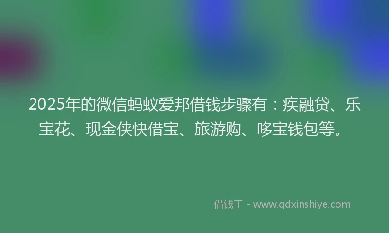 2025年的微信蚂蚁爱邦借钱步骤有：疾融贷、乐宝花、现金侠快借宝、旅游购、哆宝钱包等。