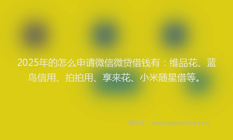 2025年的怎么申请微信微贷借钱有：维品花、蓝鸟信用、拍拍用、享来花、小米随星借等。