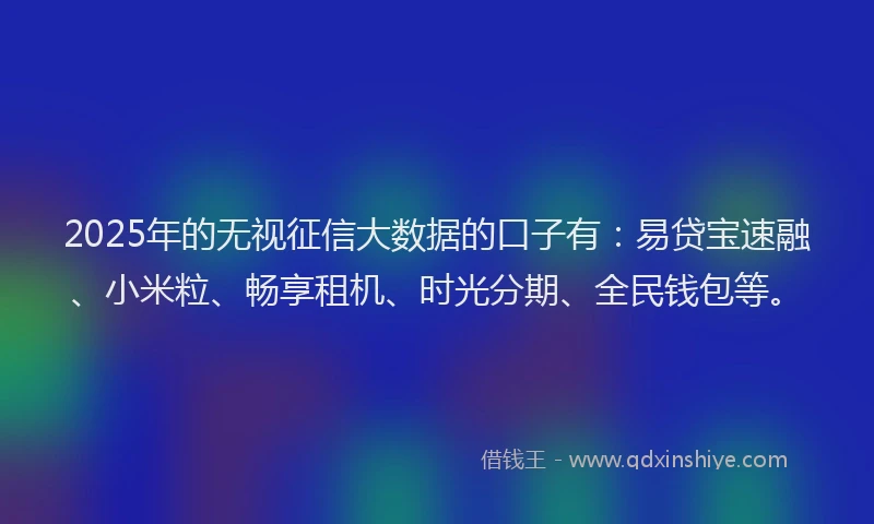 2025年的无视征信大数据的口子有：易贷宝速融、小米粒、畅享租机、时光分期、全民钱包等。