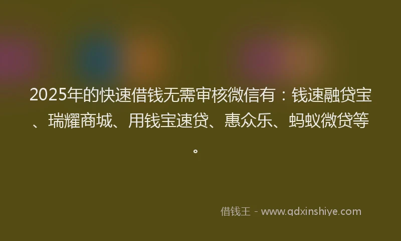 2025年的快速借钱无需审核微信有：钱速融贷宝、瑞耀商城、用钱宝速贷、惠众乐、蚂蚁微贷等。