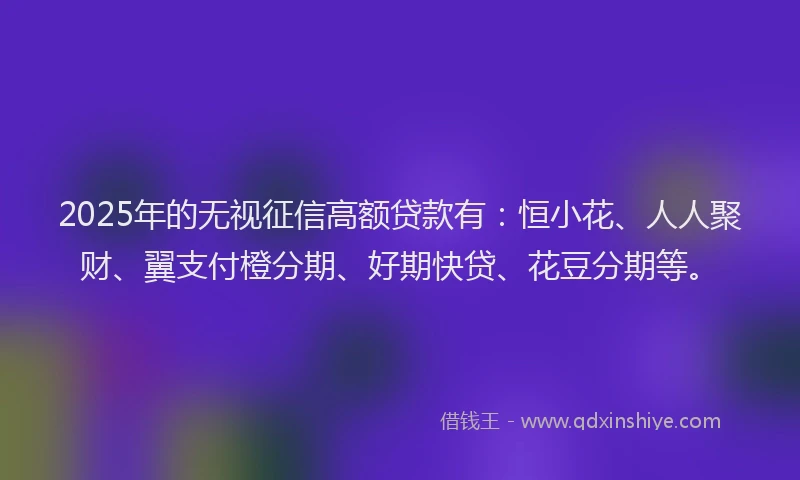 2025年的无视征信高额贷款有：恒小花、人人聚财、翼支付橙分期、好期快贷、花豆分期等。