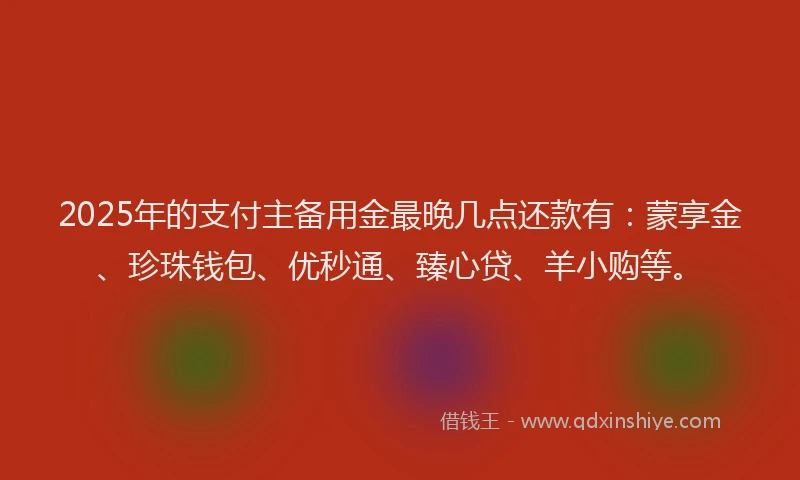 2025年的支付主备用金最晚几点还款有：蒙享金、珍珠钱包、优秒通、臻心贷、羊小购等。