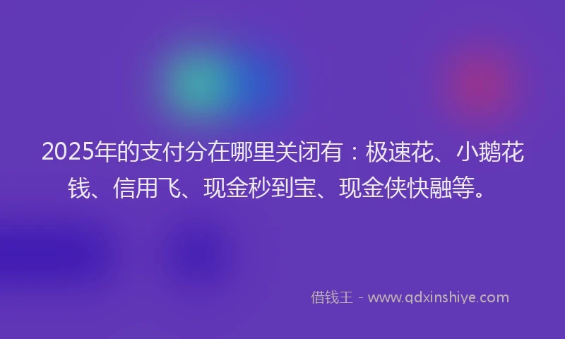 2025年的支付分在哪里关闭有：极速花、小鹅花钱、信用飞、现金秒到宝、现金侠快融等。