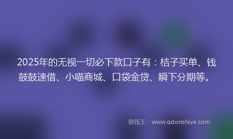 2025年的无视一切必下款口子有：桔子买单、钱鼓鼓速借、小喵商城、口袋金贷、瞬下分期等。