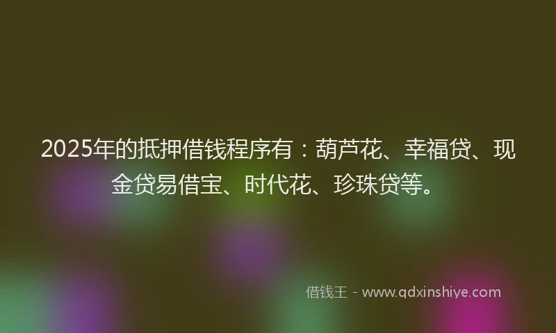 2025年的抵押借钱程序有：葫芦花、幸福贷、现金贷易借宝、时代花、珍珠贷等。