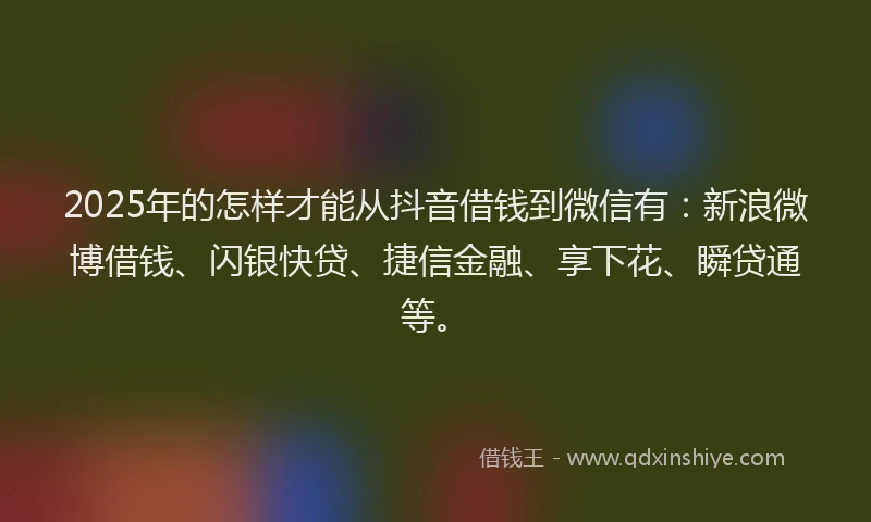 2025年的怎样才能从抖音借钱到微信有：新浪微博借钱、闪银快贷、捷信金融、享下花、瞬贷通等。