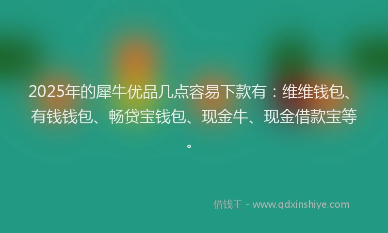 2025年的犀牛优品几点容易下款有：维维钱包、有钱钱包、畅贷宝钱包、现金牛、现金借款宝等。