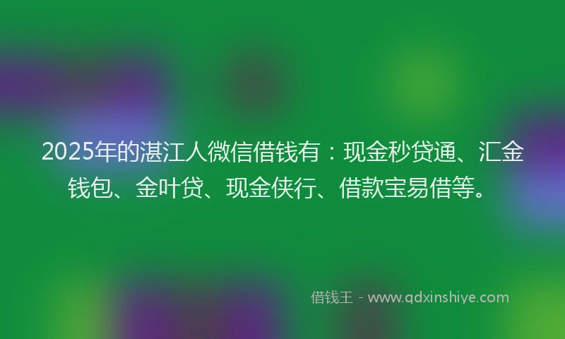 2025年的湛江人微信借钱有：现金秒贷通、汇金钱包、金叶贷、现金侠行、借款宝易借等。