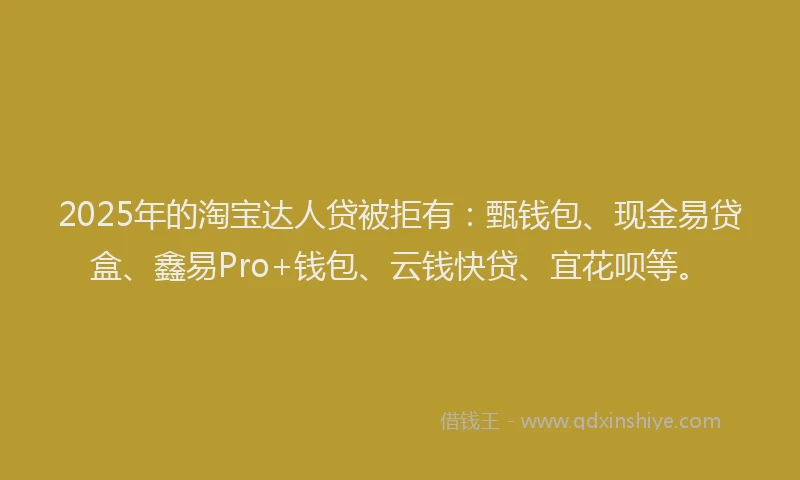 2025年的淘宝达人贷被拒有：甄钱包、现金易贷盒、鑫易Pro+钱包、云钱快贷、宜花呗等。