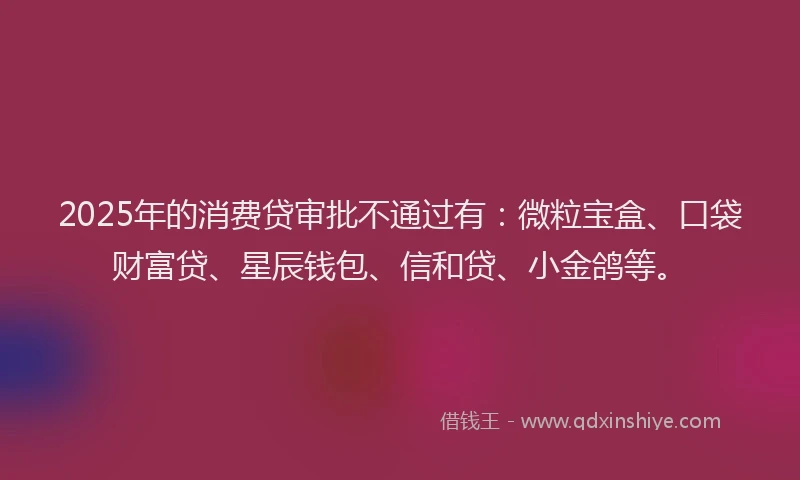 2025年的消费贷审批不通过有：微粒宝盒、口袋财富贷、星辰钱包、信和贷、小金鸽等。