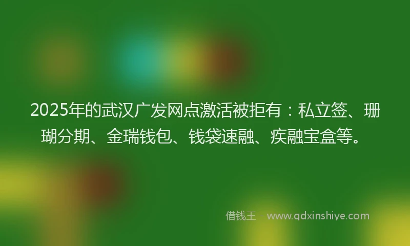 2025年的武汉广发网点激活被拒有：私立签、珊瑚分期、金瑞钱包、钱袋速融、疾融宝盒等。