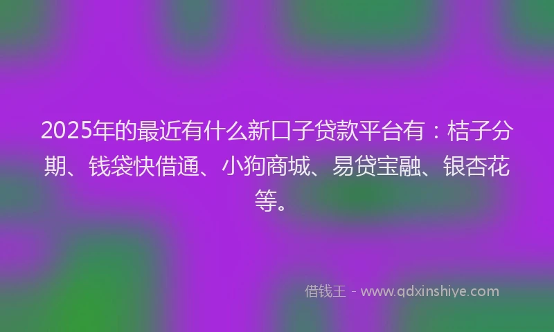 2025年的最近有什么新口子贷款平台有：桔子分期、钱袋快借通、小狗商城、易贷宝融、银杏花等。