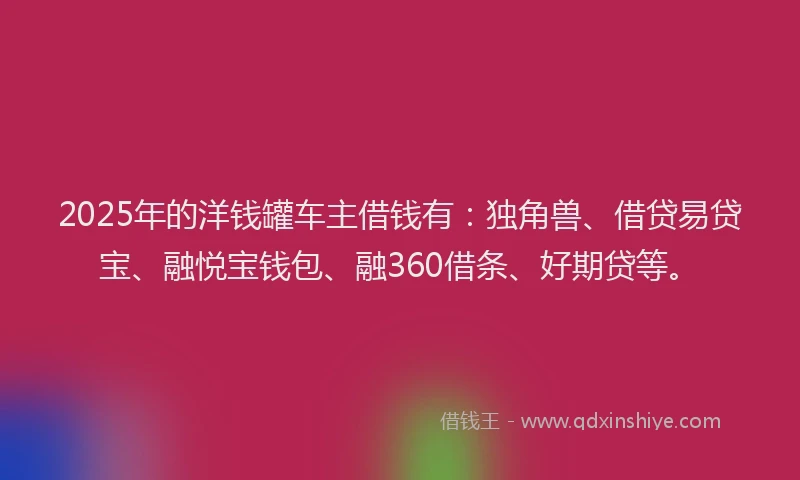 2025年的洋钱罐车主借钱有：独角兽、借贷易贷宝、融悦宝钱包、融360借条、好期贷等。