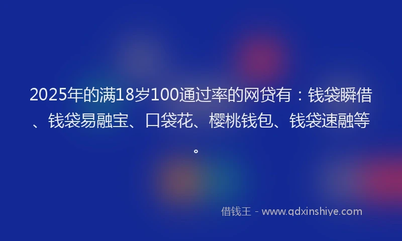 2025年的满18岁100通过率的网贷有：钱袋瞬借、钱袋易融宝、口袋花、樱桃钱包、钱袋速融等。