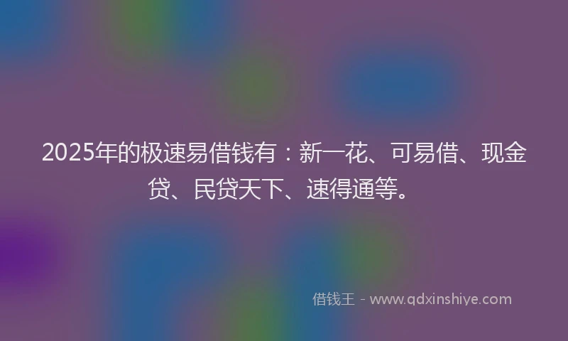 2025年的极速易借钱有：新一花、可易借、现金贷、民贷天下、速得通等。