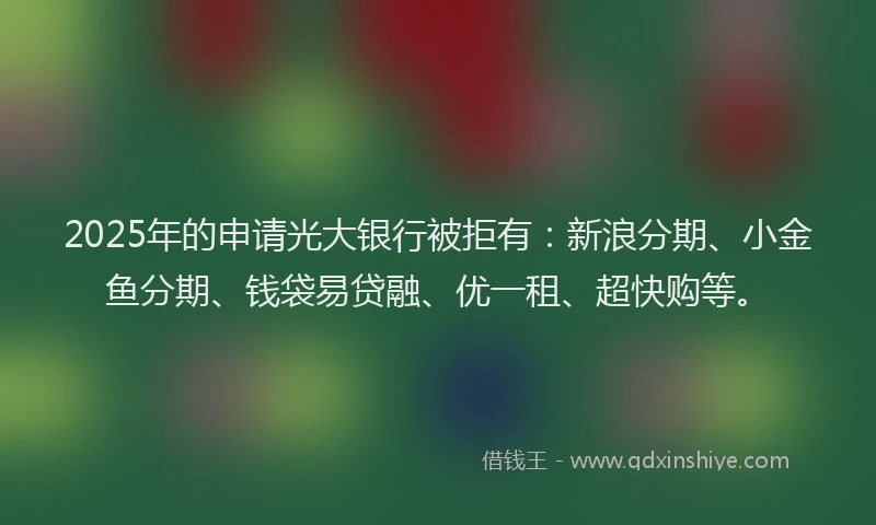 2025年的申请光大银行被拒有：新浪分期、小金鱼分期、钱袋易贷融、优一租、超快购等。