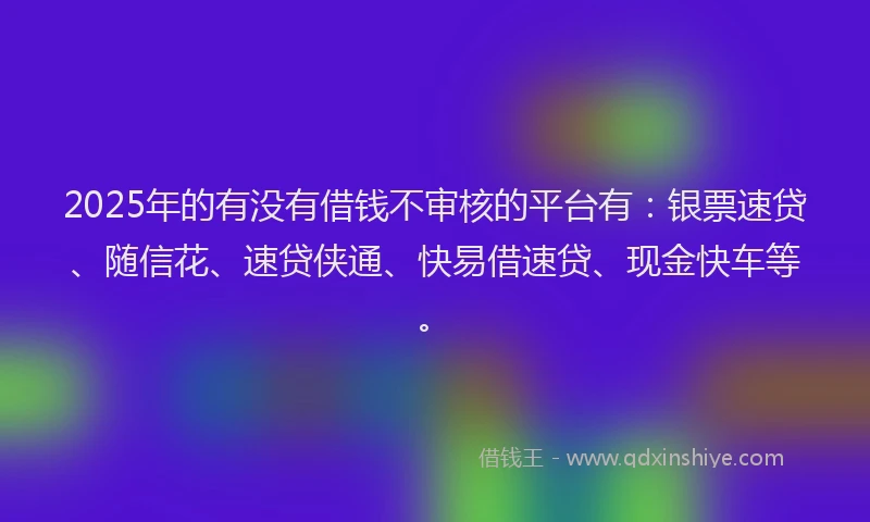 2025年的有没有借钱不审核的平台有：银票速贷、随信花、速贷侠通、快易借速贷、现金快车等。