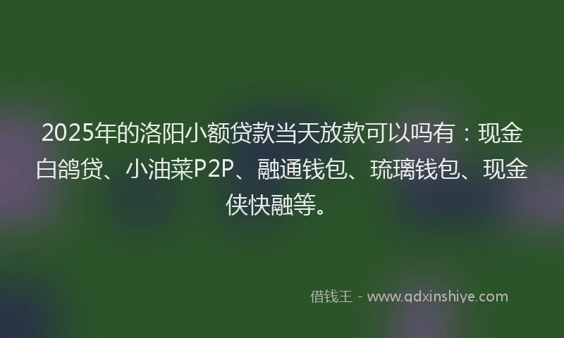 2025年的洛阳小额贷款当天放款可以吗有：现金白鸽贷、小油菜P2P、融通钱包、琉璃钱包、现金侠快融等。