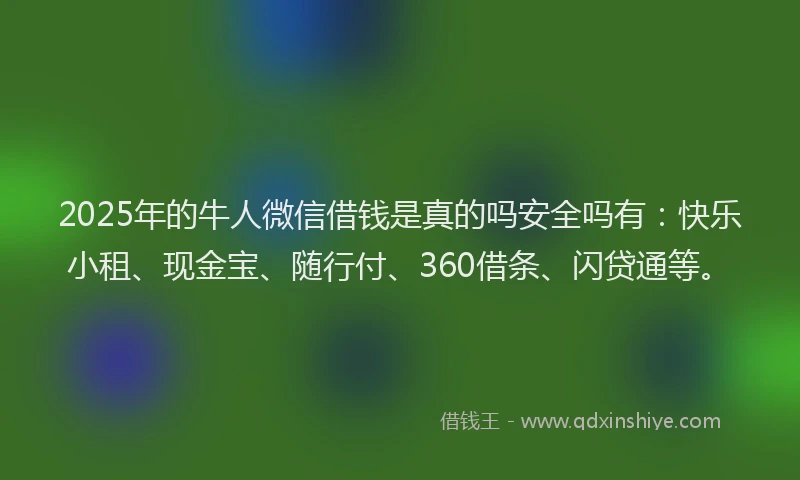 2025年的牛人微信借钱是真的吗安全吗有：快乐小租、现金宝、随行付、360借条、闪贷通等。