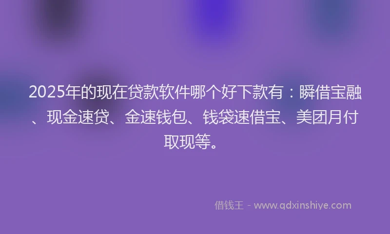 2025年的现在贷款软件哪个好下款有：瞬借宝融、现金速贷、金速钱包、钱袋速借宝、美团月付取现等。