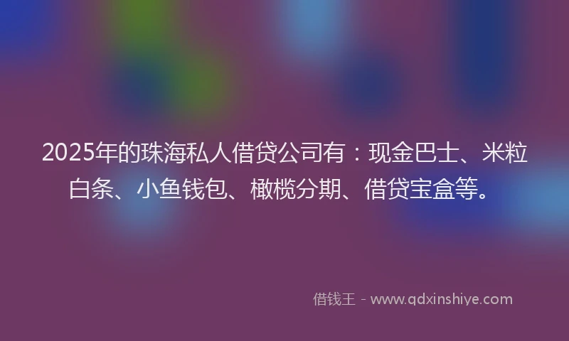 2025年的珠海私人借贷公司有：现金巴士、米粒白条、小鱼钱包、橄榄分期、借贷宝盒等。
