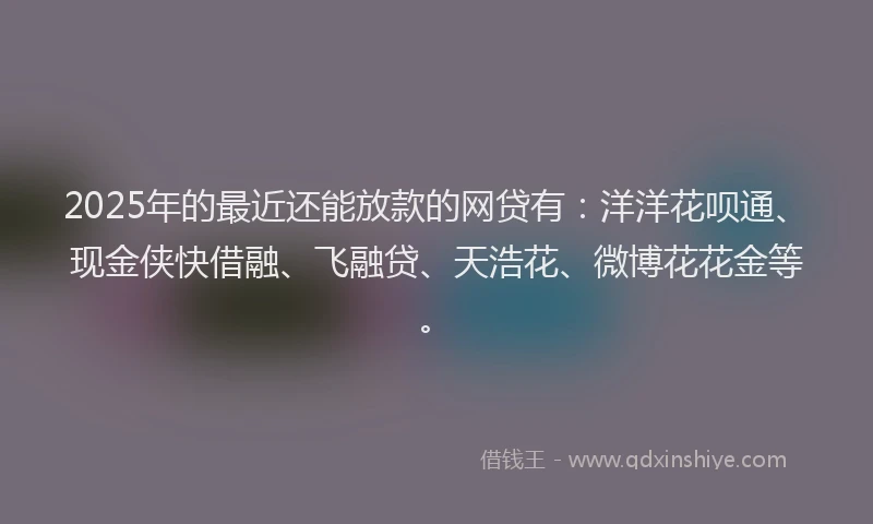 2025年的最近还能放款的网贷有：洋洋花呗通、现金侠快借融、飞融贷、天浩花、微博花花金等。