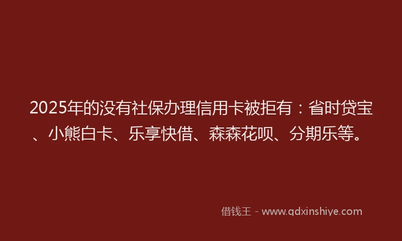 2025年的没有社保办理信用卡被拒有：省时贷宝、小熊白卡、乐享快借、森森花呗、分期乐等。