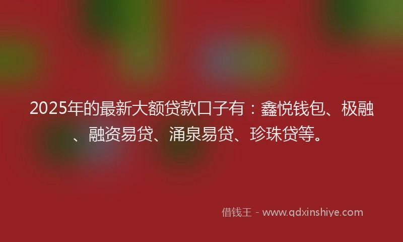 2025年的最新大额贷款口子有：鑫悦钱包、极融、融资易贷、涌泉易贷、珍珠贷等。