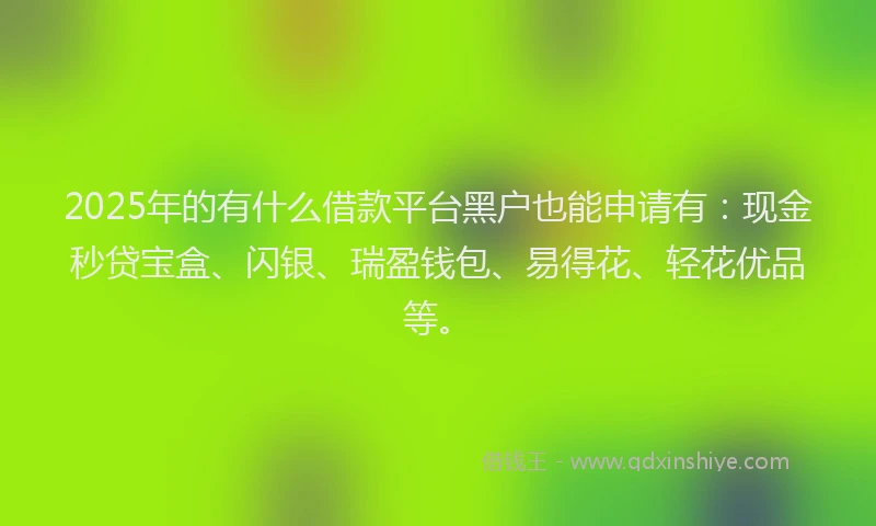 2025年的有什么借款平台黑户也能申请有：现金秒贷宝盒、闪银、瑞盈钱包、易得花、轻花优品等。