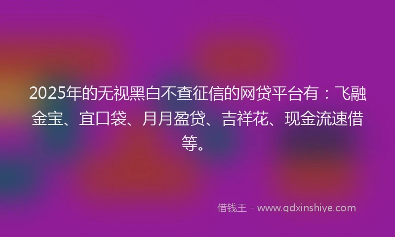 2025年的无视黑白不查征信的网贷平台有：飞融金宝、宜口袋、月月盈贷、吉祥花、现金流速借等。