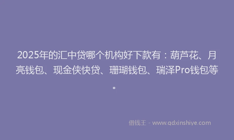 2025年的汇中贷哪个机构好下款有：葫芦花、月亮钱包、现金侠快贷、珊瑚钱包、瑞泽Pro钱包等。