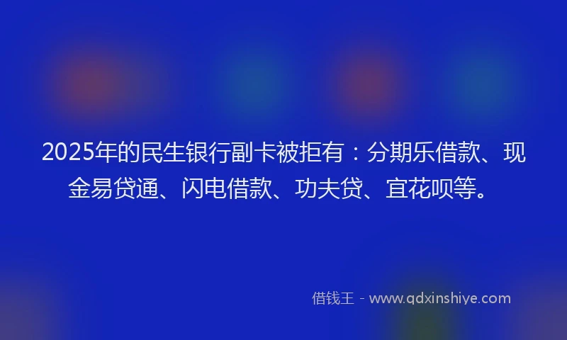 2025年的民生银行副卡被拒有：分期乐借款、现金易贷通、闪电借款、功夫贷、宜花呗等。
