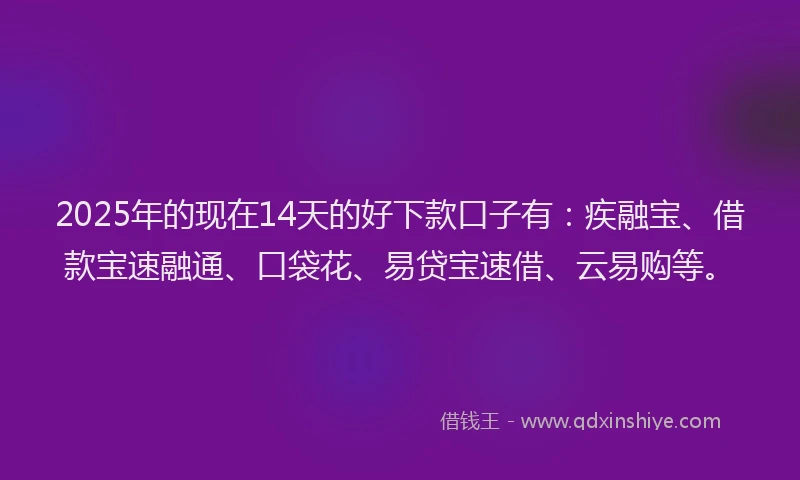2025年的现在14天的好下款口子有：疾融宝、借款宝速融通、口袋花、易贷宝速借、云易购等。