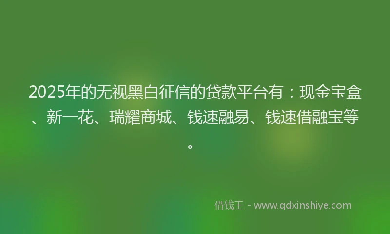 2025年的无视黑白征信的贷款平台有：现金宝盒、新一花、瑞耀商城、钱速融易、钱速借融宝等。