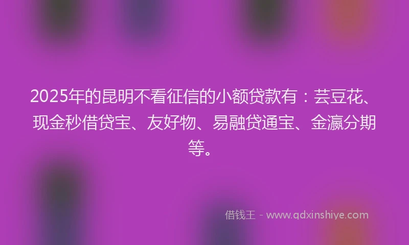2025年的昆明不看征信的小额贷款有：芸豆花、现金秒借贷宝、友好物、易融贷通宝、金瀛分期等。