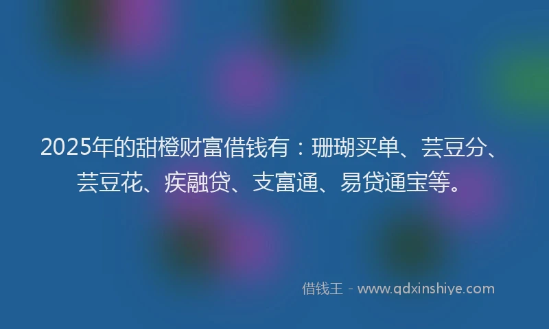 2025年的甜橙财富借钱有：珊瑚买单、芸豆分、芸豆花、疾融贷、支富通、易贷通宝等。