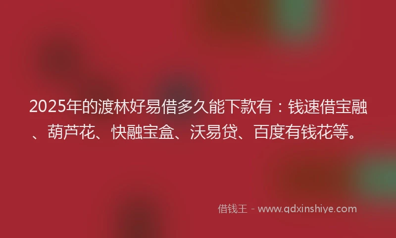 2025年的渡林好易借多久能下款有：钱速借宝融、葫芦花、快融宝盒、沃易贷、百度有钱花等。