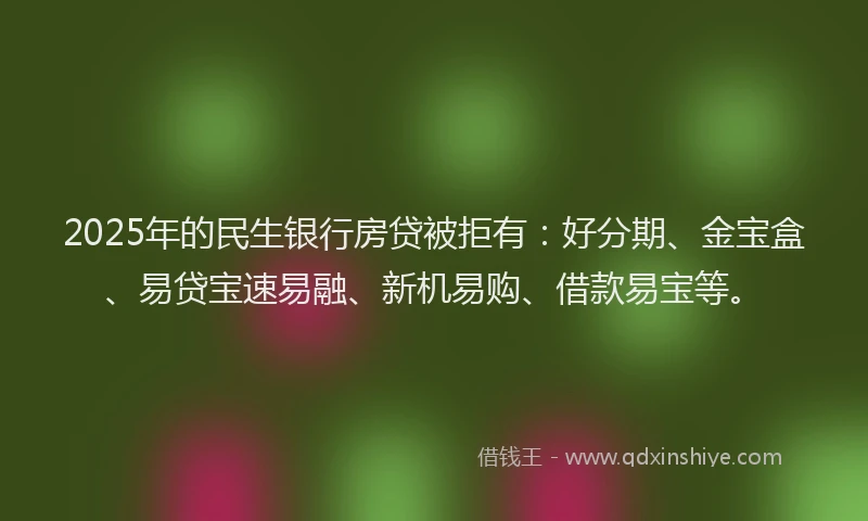 2025年的民生银行房贷被拒有：好分期、金宝盒、易贷宝速易融、新机易购、借款易宝等。