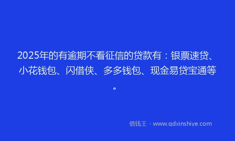 2025年的有逾期不看征信的贷款有：银票速贷、小花钱包、闪借侠、多多钱包、现金易贷宝通等。