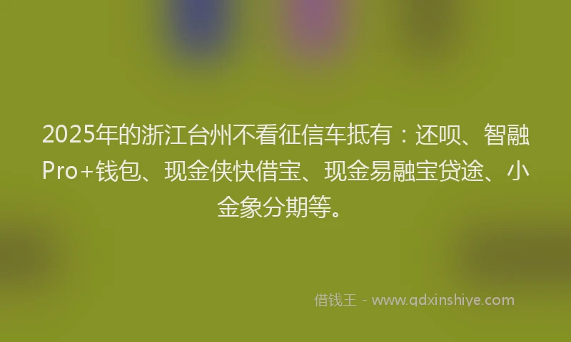 2025年的浙江台州不看征信车抵有：还呗、智融Pro+钱包、现金侠快借宝、现金易融宝贷途、小金象分期等。