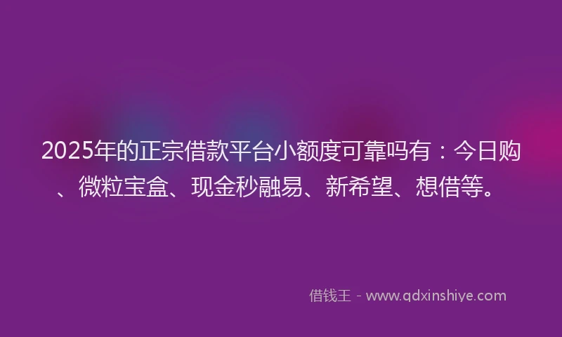 2025年的正宗借款平台小额度可靠吗有：今日购、微粒宝盒、现金秒融易、新希望、想借等。