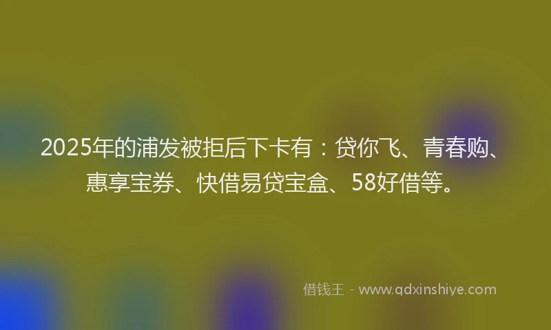 2025年的浦发被拒后下卡有：贷你飞、青春购、惠享宝券、快借易贷宝盒、58好借等。