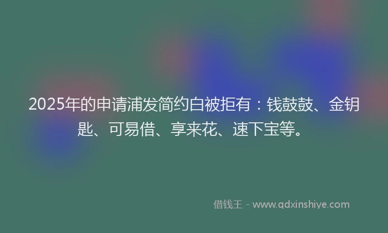 2025年的申请浦发简约白被拒有：钱鼓鼓、金钥匙、可易借、享来花、速下宝等。