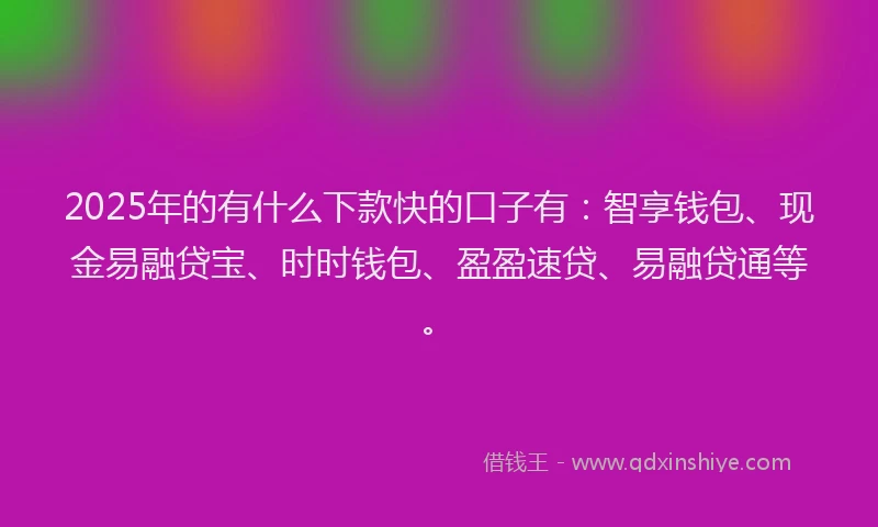 2025年的有什么下款快的口子有：智享钱包、现金易融贷宝、时时钱包、盈盈速贷、易融贷通等。