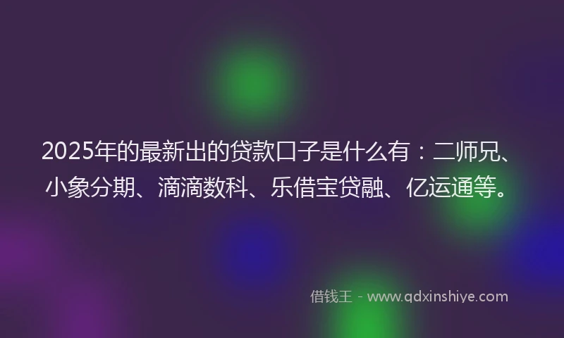 2025年的最新出的贷款口子是什么有：二师兄、小象分期、滴滴数科、乐借宝贷融、亿运通等。