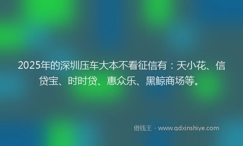 2025年的深圳压车大本不看征信有：天小花、信贷宝、时时贷、惠众乐、黑鲸商场等。