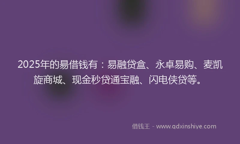 2025年的昜借钱有：易融贷盒、永卓易购、麦凯旋商城、现金秒贷通宝融、闪电侠贷等。