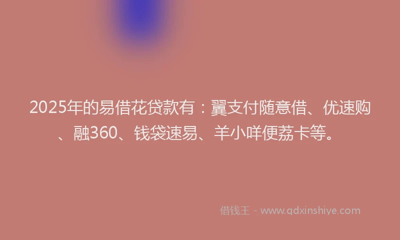2025年的易借花贷款有：翼支付随意借、优速购、融360、钱袋速易、羊小咩便荔卡等。
